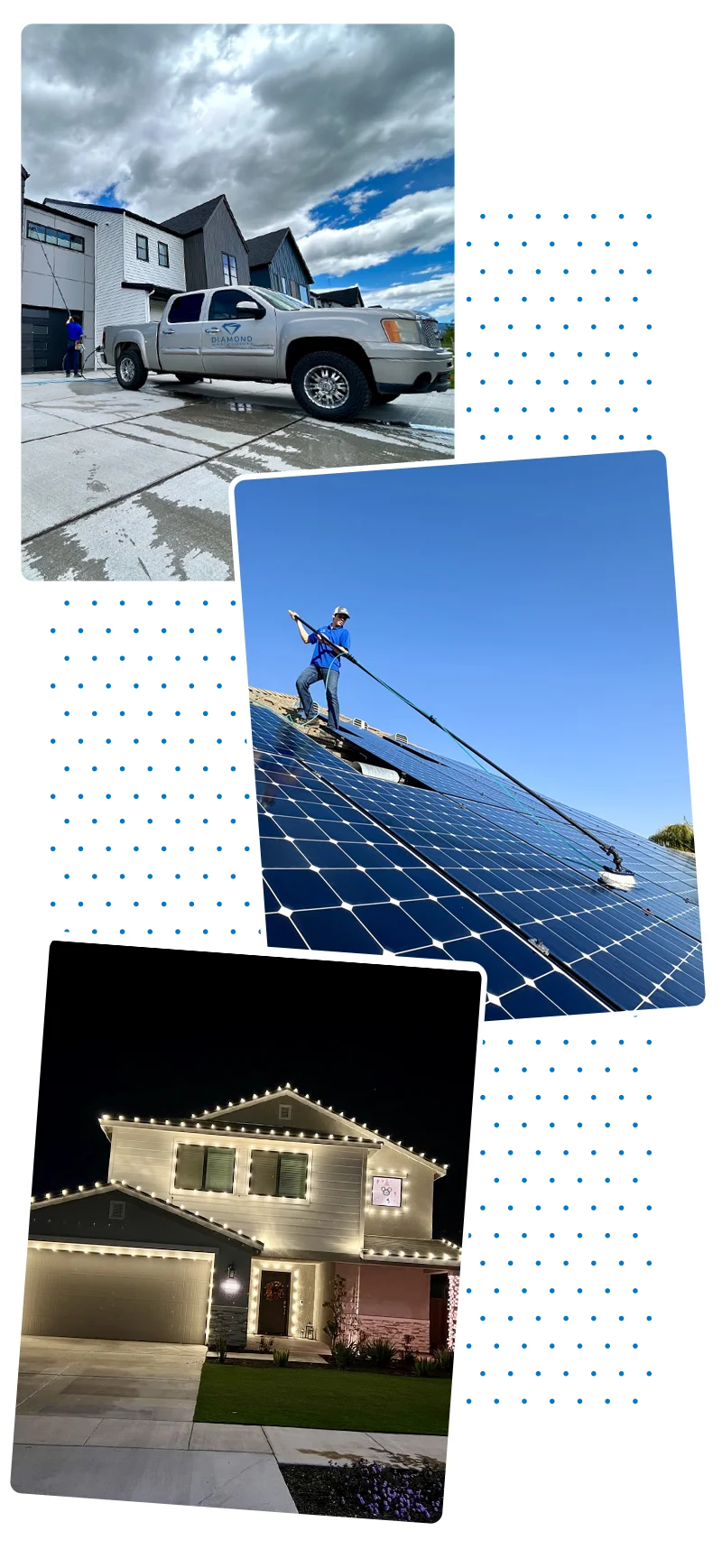 Man cleaning window, Man cleaning solar panel, and house with holiday lights.